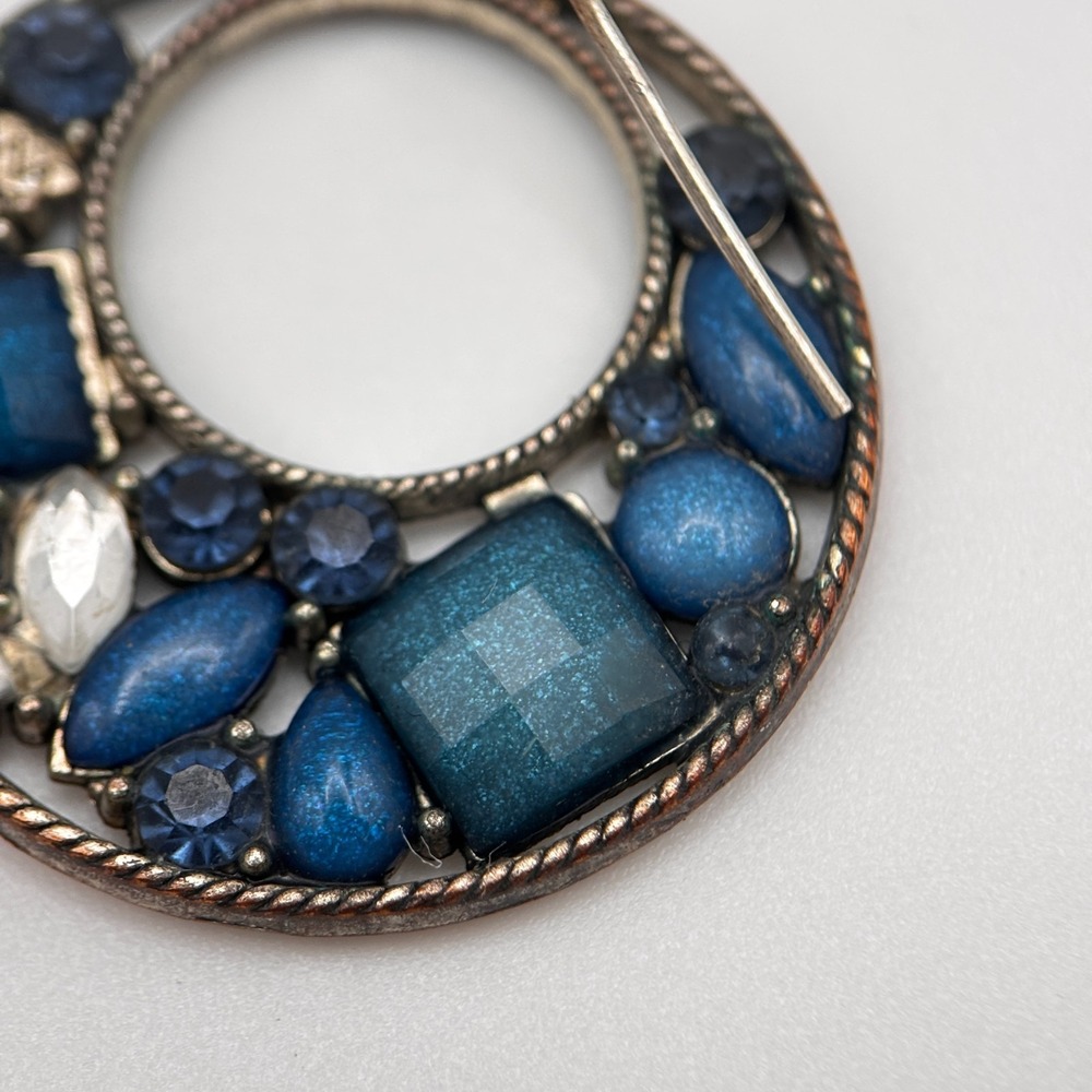 Vintage 90s Bronze Tone Open Hoop Dangle Earrings Multi Blue Rhinestone Jewelry - Picture 8 of 11